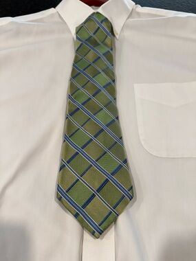 Michael Kors Olive Green and Blue Plaid Silk Neck Tie.